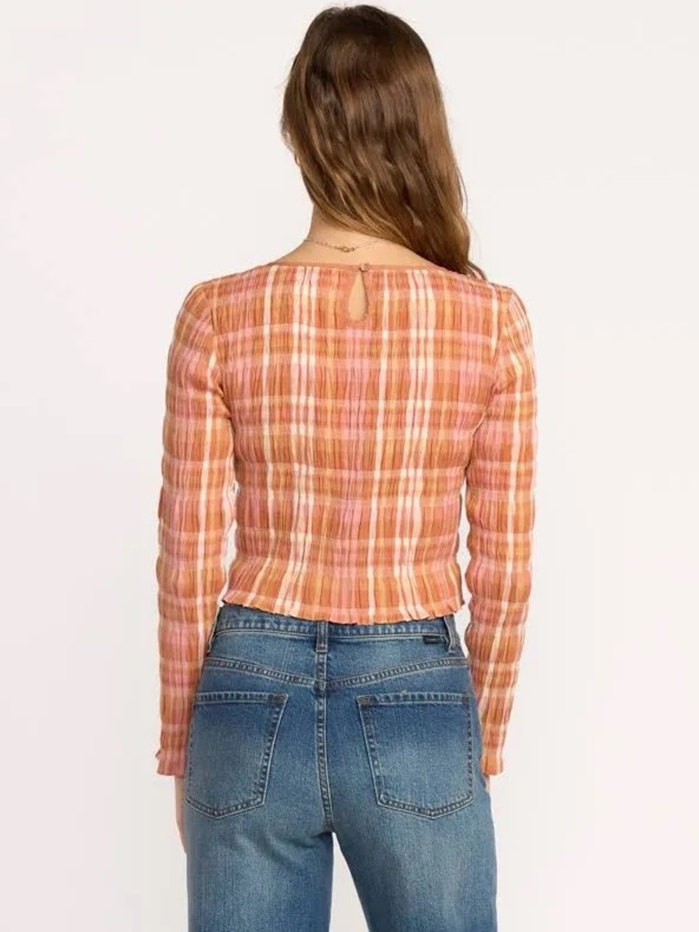Billabong NWT Check Me Out Long Sleeve Smocked Crop Top Sunburnt Women Size M - Picture 4 of 15